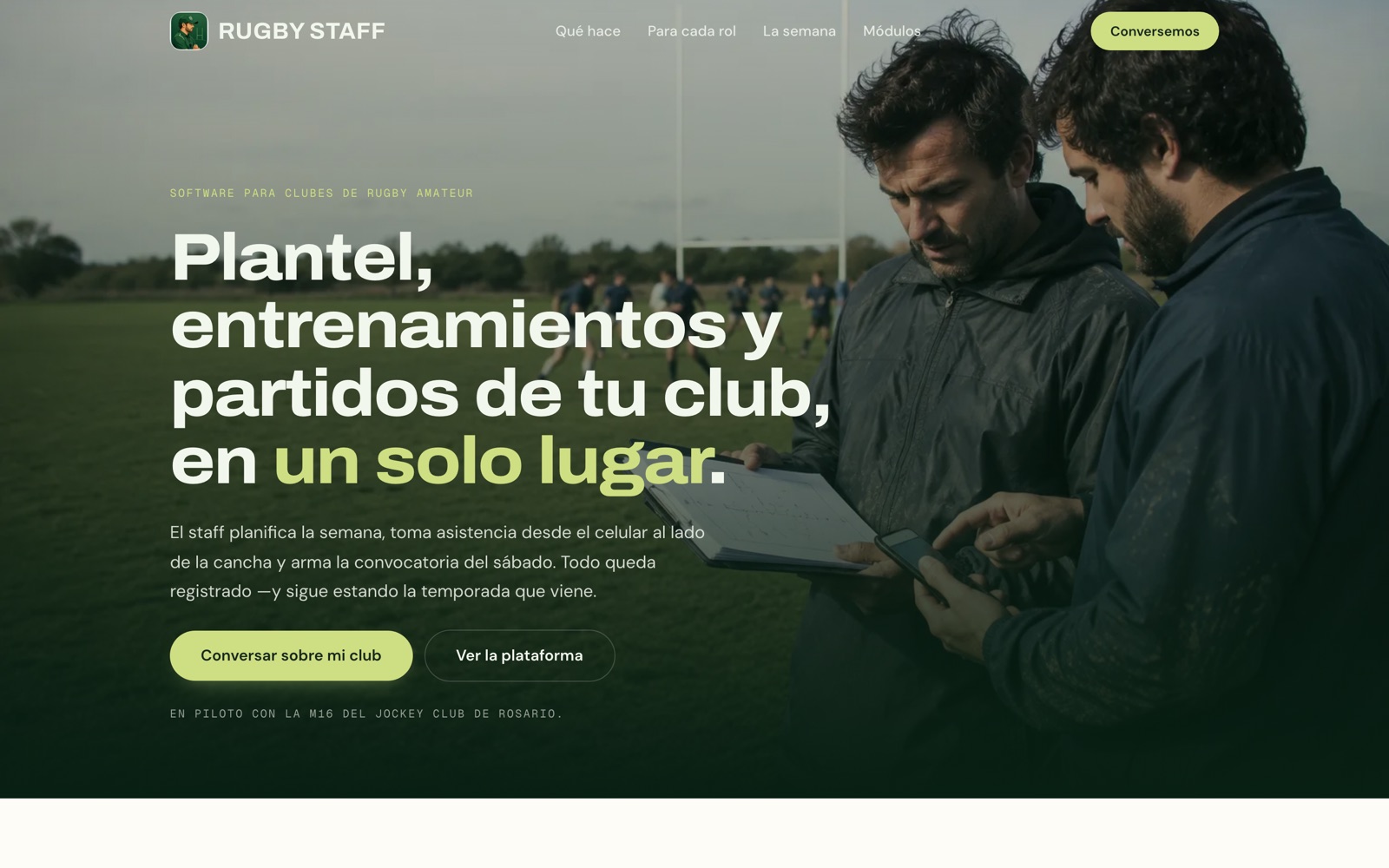 Portada de la web de Rugby Staff, con la presentación del producto para clubes.